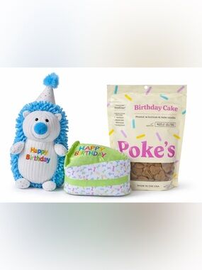 NWT - Happy Birthday Dog Set including plush squeak cake and hedgehog and treats